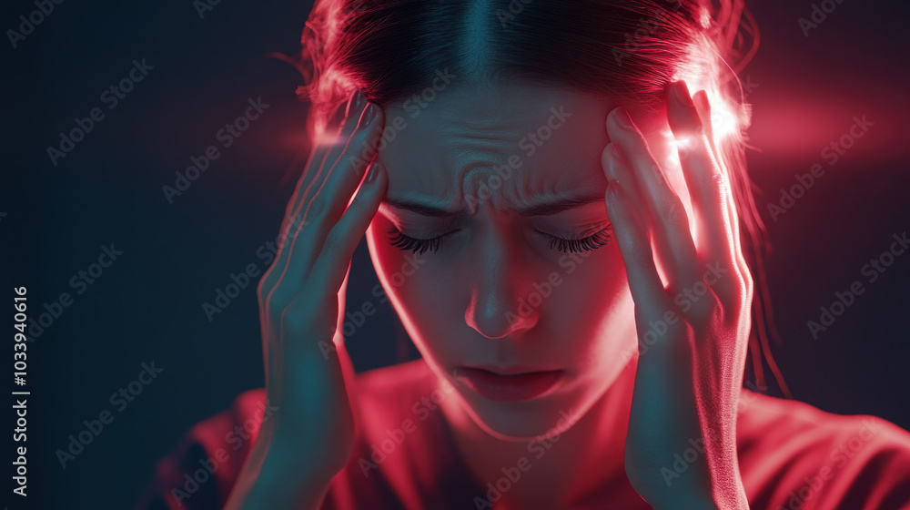 A woman experiencing distress, holding her head in a dramatic lighting setting. A woman experiencing distress, holding her head in a dramatic lighting setting.