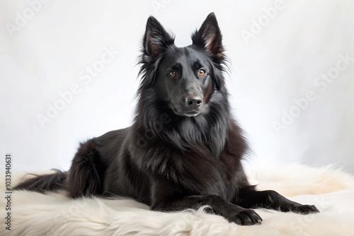 Black Groenendael Dog Reclining on White Surface - Gentle and Approachable Look