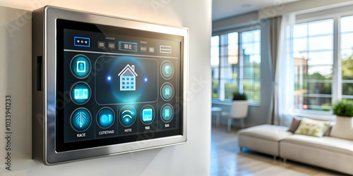 Close Up of Advanced Smart Home Control Panel Featuring Holographic Interface for Home Automation Technology - Promotional Space Included