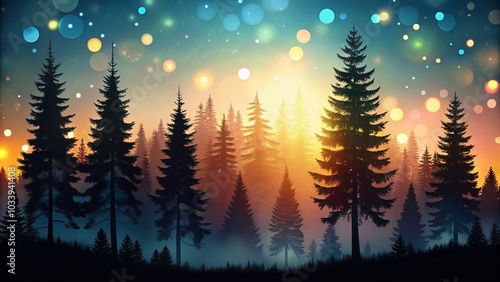 Black Silhouette Forest with Pine Trees - Bokeh Effect Illustration for Nature Themes