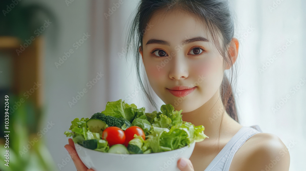 A young woman holds a bowl of fresh vegetables, promoting healthy eating and nutrition. A young woman holds a bowl of fresh vegetables, promoting healthy eating and nutrition.