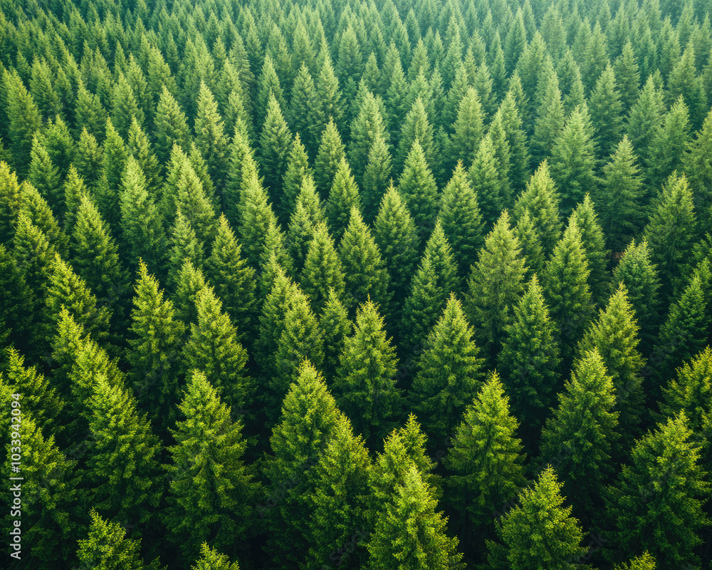 Aerial view of dense green pine tree forest with a serene and lush landscape. Aerial view of dense green pine tree forest with a serene and lush landscape.