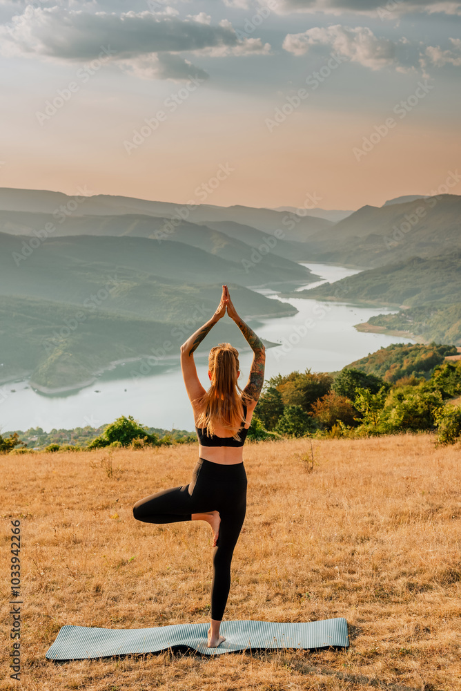 Woman Doing Yoga on Mountain River Background