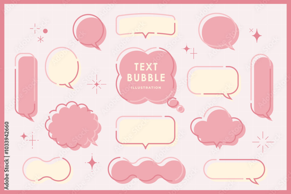 Cute speech bubble isolated pastel with frame elements illustration set. Speech talking thinking box. Dialogue cloud. 8 bit. For game development, mobile app, graphic, social media, scrapbooking
