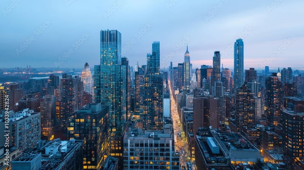 Fototapeta premium A beautiful aerial city view with skyscrapers softly illuminated, reflecting the modern and dynamic feel of the urban skyline.