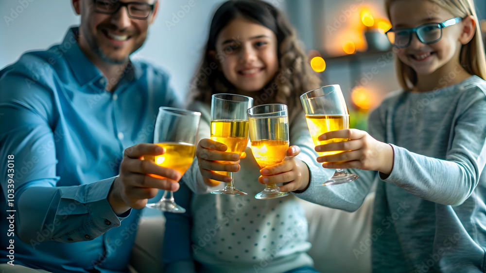 Macro Shot of Family Members Toasting with Glowing Liquid in Futuristic Setting - Joyful Celebration and Togetherness Concept with Copy Space for Text Macro Shot of Family Members Toasting with Glowing Liquid in Futuristic Setting - Joyful Celebration and Togetherness Concept with Copy Space for Text