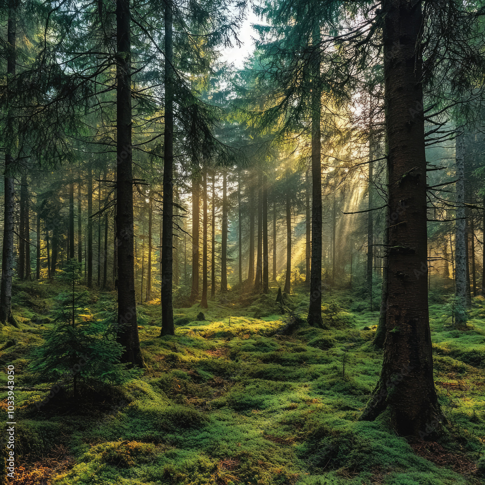 Fototapeta premium Lush forest with sunlight filtering through tall trees, creating a serene atmosphere.
