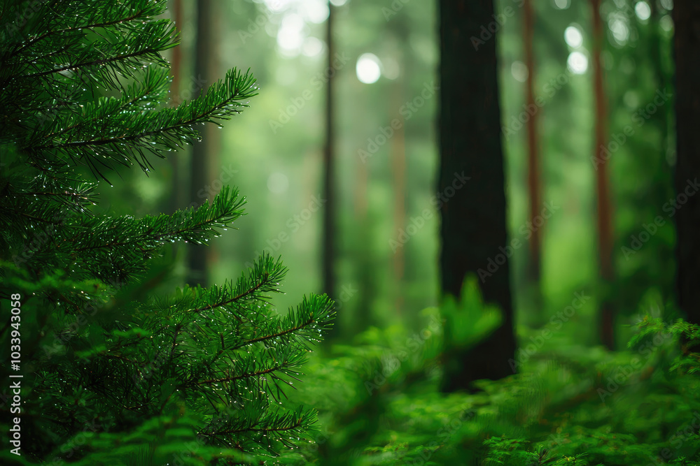 Fototapeta premium Lush green forest with tall trees and vibrant foliage under soft natural light