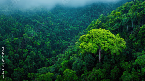 Lush green forest landscape with misty mountains in the background.