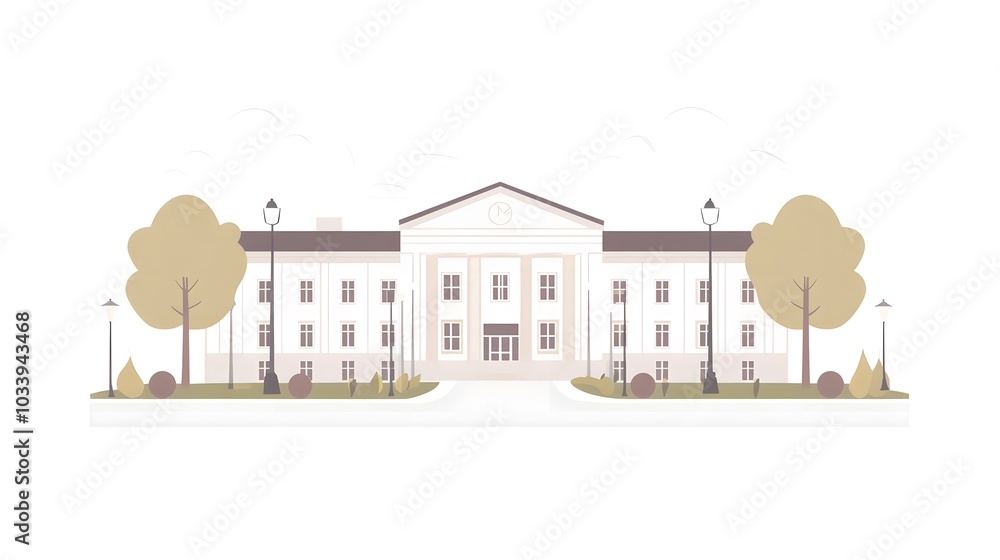 Flat vector illustration of the front view exterior of an American high school building, with simple flat colors on a white background Flat vector illustration of the front view exterior of an American high school building, with simple flat colors on a white background