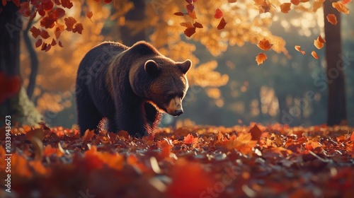 A bear walking through a field of autumn leaves, showcasing the vibrant colors of the season