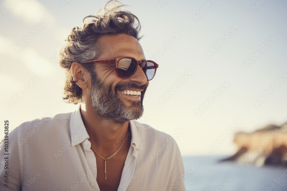 Portrait of a joyful man in his 40s wearing a trendy sunglasses in serene seaside background Portrait of a joyful man in his 40s wearing a trendy sunglasses in serene seaside background