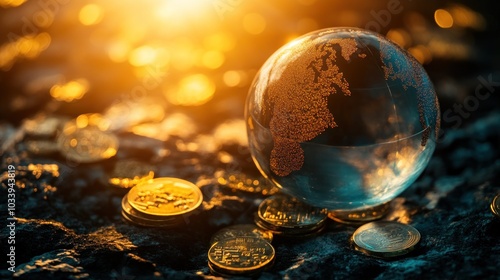 Glass Globe with Earth and Golden Coins in Warm Light