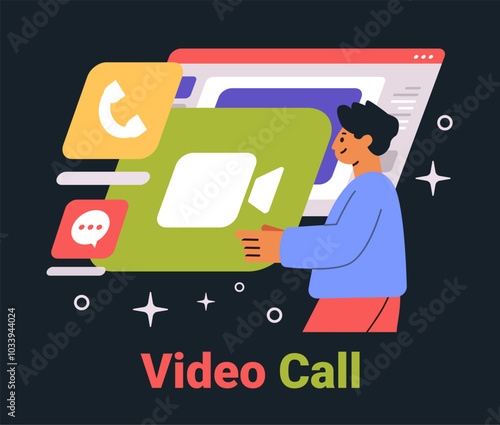 Video call concept person holding video chat icons dark mode interface colorful elements website design