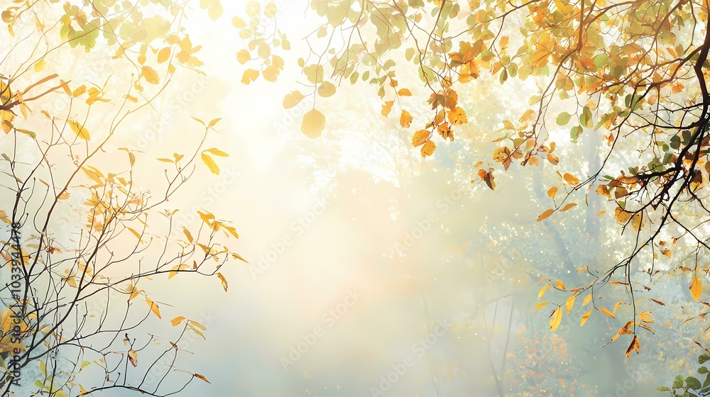 The image is of a tree branch with yellow and green leaves. The background is blurred and hazy, with a soft, golden light.A hazy, sun-drenched forest setting, highlighted by the vibrant yellow and gr The image is of a tree branch with yellow and green leaves. The background is blurred and hazy, with a soft, golden light.A hazy, sun-drenched forest setting, highlighted by the vibrant yellow and gr