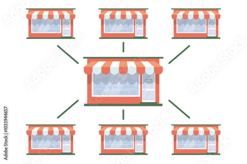 Franchise commerce shop business icon vector flat cartoon graphic concept illustration, marketplace store expansion model, multi vendor ecommerce branches strategy tech image clip art
