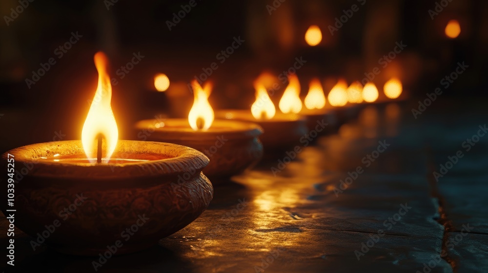 A beautifully lit row of clay lamps (diyas) glowing brightly in a darkened room A beautifully lit row of clay lamps (diyas) glowing brightly in a darkened room
