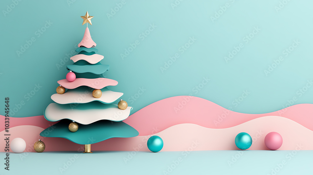 Stylized Christmas tree adorned with colorful ornaments, set against a soft pastel background, evoking a festive and cheerful holiday spirit.