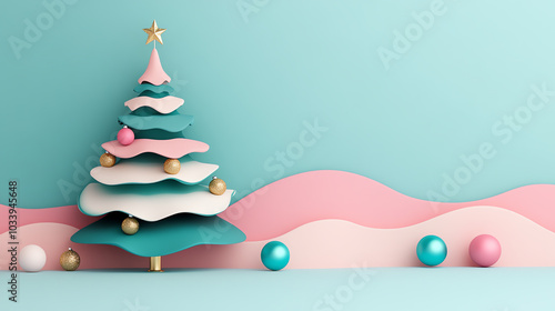 Obraz na płótnie Stylized Christmas tree adorned with colorful ornaments, set against a soft pastel background, evoking a festive and cheerful holiday spirit. w salonie