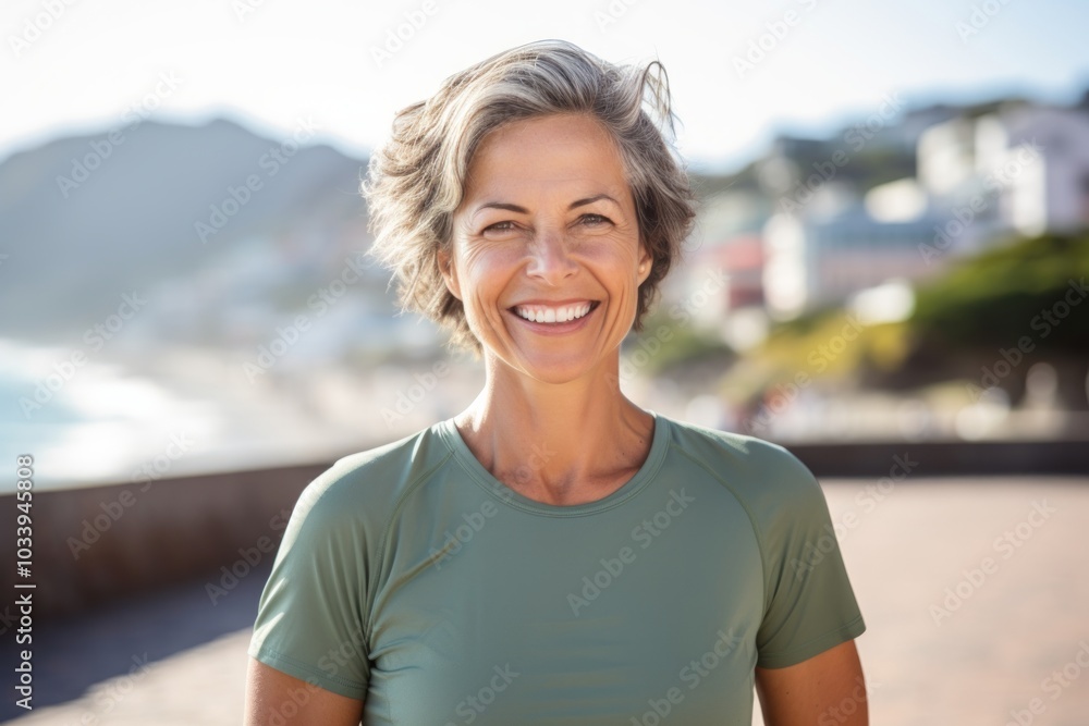 Portrait of a smiling woman in her 50s sporting a breathable hiking shirt in bustling beach resort background Portrait of a smiling woman in her 50s sporting a breathable hiking shirt in bustling beach resort background