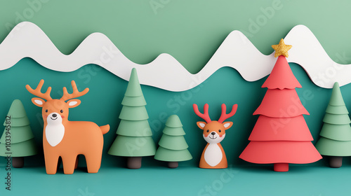 Whimsical paper craft landscape featuring colorful reindeer, trees, and mountains, perfect for festive decorations and holiday themes. photo