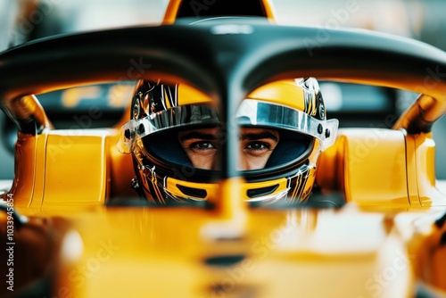 Focused race car driver in yellow vehicle, close-up of eyes through helmet, professional motorsport athlete ready for competition, driver preparing for race