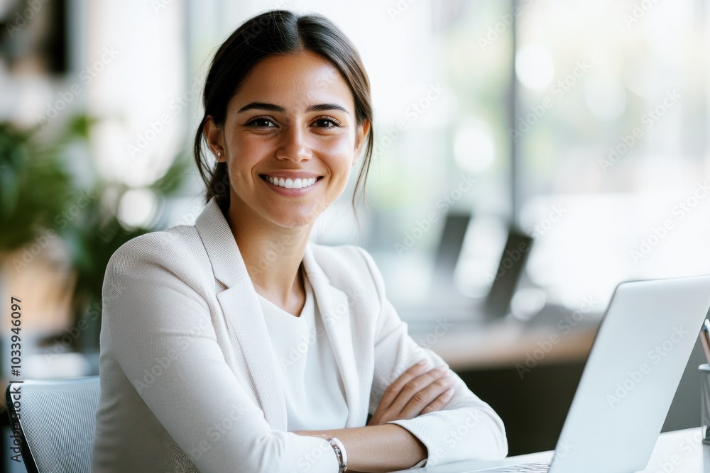 Smiling young Hispanic businesswoman sitting at desk with laptop, confident female executive in her 30s, professional entrepreneur portrait in modern office