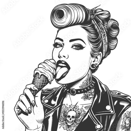 Edgy punk woman enjoying an ice cream cone, mohawk, tattoos sketch engraving generative ai fictional character vector illustration. Scratch board imitation. Black and white image.