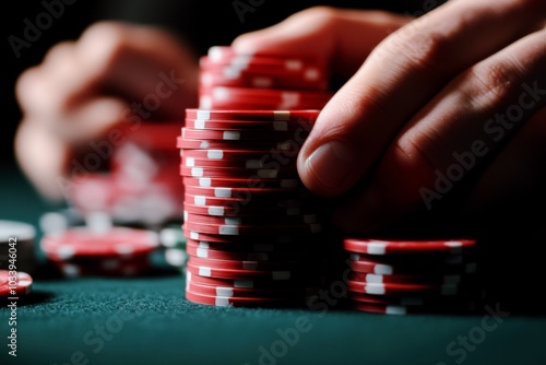 close-up of hands stacking red poker chips on green casino table, high-stakes gambling scene for casino advertising banner and marketing promotion photo