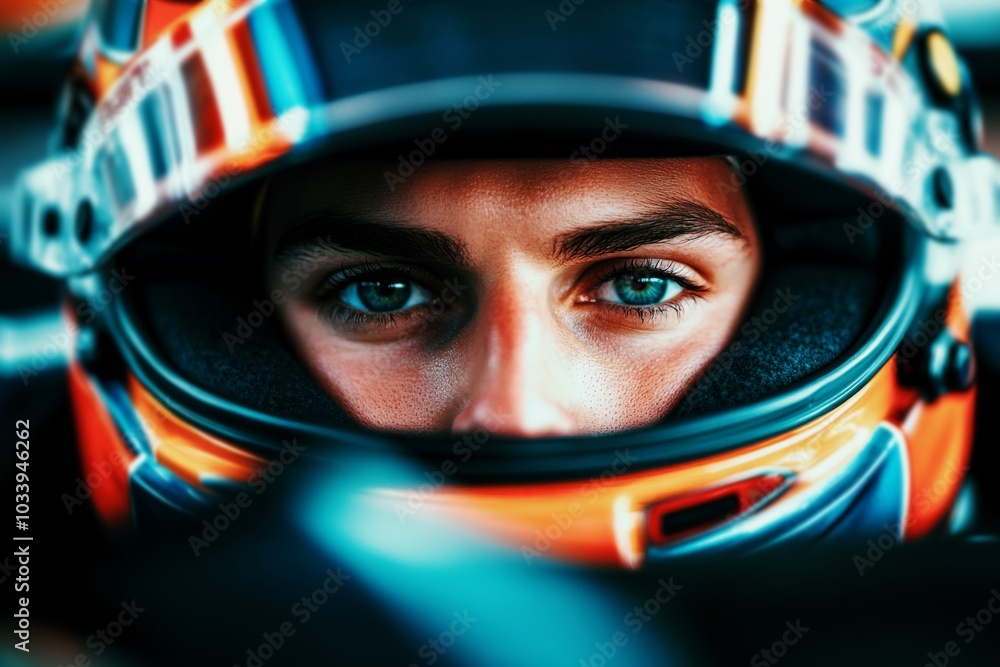 Close-up of focused race car driver in helmet, intense concentration in eyes, professional athlete preparing for competition, ready for action on the track Close-up of focused race car driver in helmet, intense concentration in eyes, professional athlete preparing for competition, ready for action on the track
