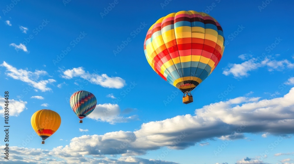 Fototapeta premium Three Hot Air Balloons Soaring Through a Bright Blue Sky with White Clouds