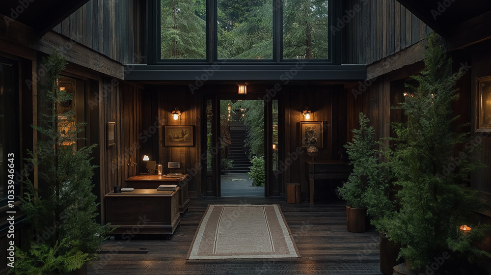 A small hallway with rustic wooden furniture, soft ambient lighting, and vintage-style decor A small hallway with rustic wooden furniture, soft ambient lighting, and vintage-style decor