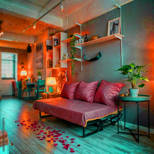 Elegant living room furnished in modern apartment with a sofa bed. There are large pillows and red rose petals. Nobody inside photo