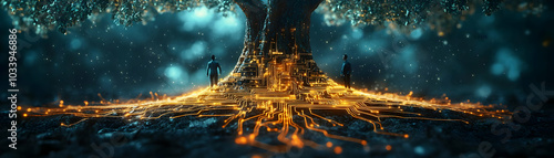 Digital Art: Tree Roots Transforming Into Circuit Board - Panning Shot of Nature Merging with Technology in Intricate Details and Business Symbolism photo