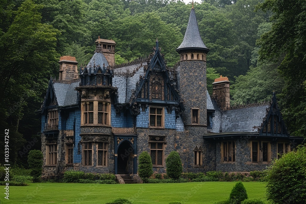Enchanting blue castle nestled in a vibrant summer garden, crafted from gray-shingled wood with striking black turrets and surrounded by lush greenery. Enchanting blue castle nestled in a vibrant summer garden, crafted from gray-shingled wood with striking black turrets and surrounded by lush greenery.