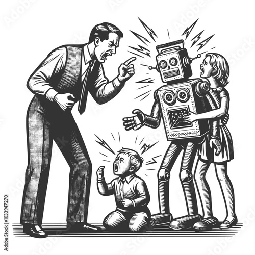 father angrily confronting a robot, while two distressed children stand nearby, creating scene of tension and family conflict sketch engraving generative ai vector illustration. Black and white image