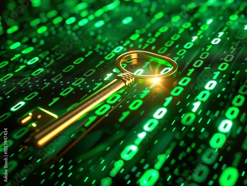 Glowing golden key emerging from a matrix of green binary code, symbolizing unlocking digital secrets and security photo