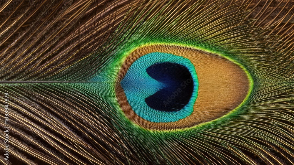 Obraz premium Close-up of a peacock feather showcasing vibrant colors and intricate patterns, highlighting nature's beauty and detail.