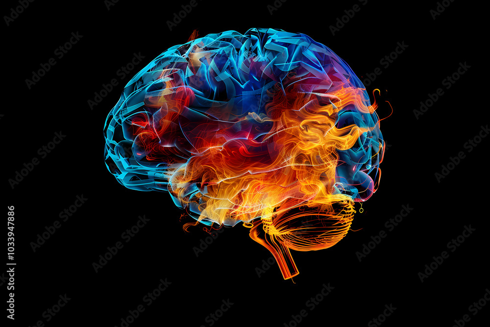 A vibrant, artistic representation of a human brain illuminated with blue and orange flames, symbolizing creativity and energy against a black background. A vibrant, artistic representation of a human brain illuminated with blue and orange flames, symbolizing creativity and energy against a black background.