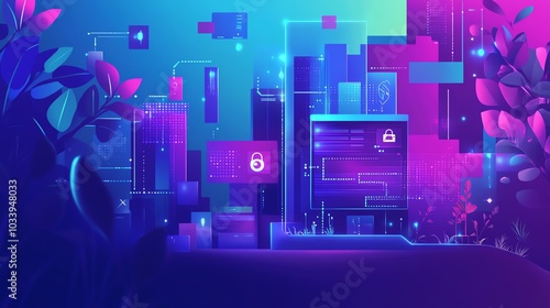 Large object with coding symbols, secure network and checkout, wellness and ecofriendly themes, flat design illustration