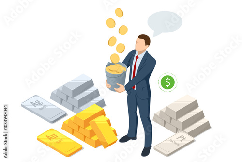 Isometric Investment Precious metals Gold, Platinum or Silver. Golden bars. Investing Banking business. Increase in cost of precious metals. Investments in golden securities. Buying aurum ETF