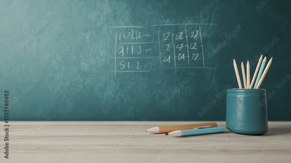 Chalk drawing of a math equation on a board with supplies below, 3D illustration Chalk drawing of a math equation on a board with supplies below, 3D illustration