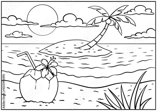 Summer sunset tropical beach line art, cartoon drawing book and coloring image