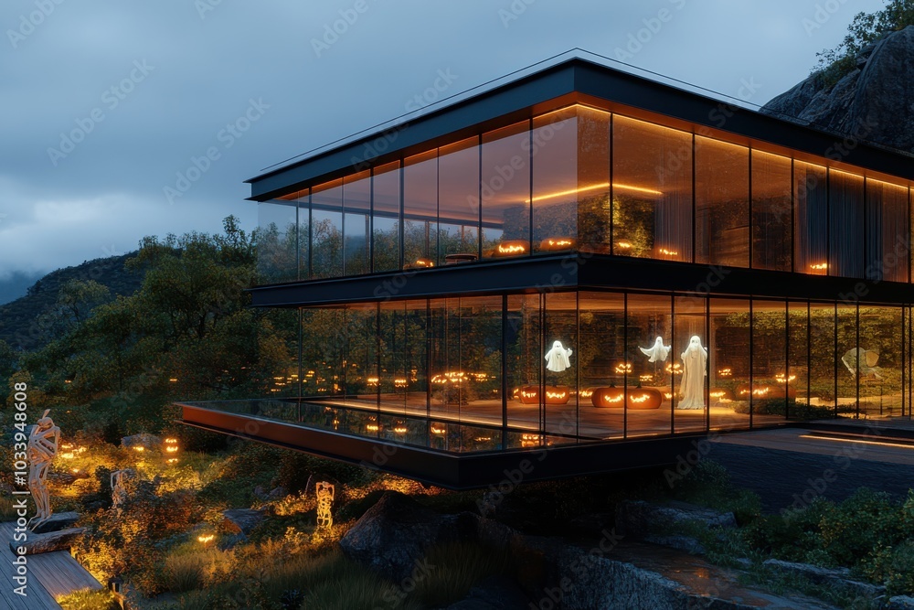 A glass house set against rocky terrain, illuminated with Halloween decorations including pumpkin lanterns and ghostly figures, creating a mystical ambiance. A glass house set against rocky terrain, illuminated with Halloween decorations including pumpkin lanterns and ghostly figures, creating a mystical ambiance.
