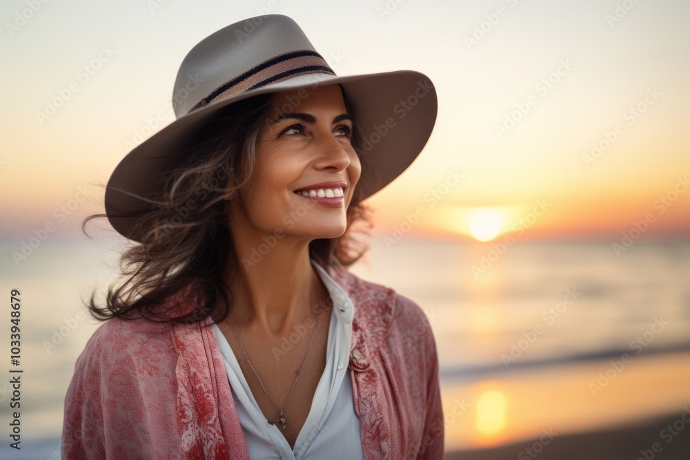 Portrait of a cheerful woman in her 50s donning a classic fedora in front of stunning sunset beach background Portrait of a cheerful woman in her 50s donning a classic fedora in front of stunning sunset beach background