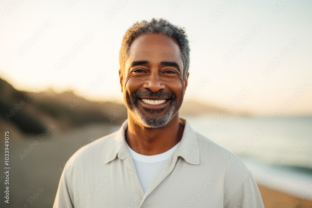 Portrait of a smiling afro-american man in his 50s sporting a long-sleeved thermal undershirt on stunning sunset beach background Portrait of a smiling afro-american man in his 50s sporting a long-sleeved thermal undershirt on stunning sunset beach background