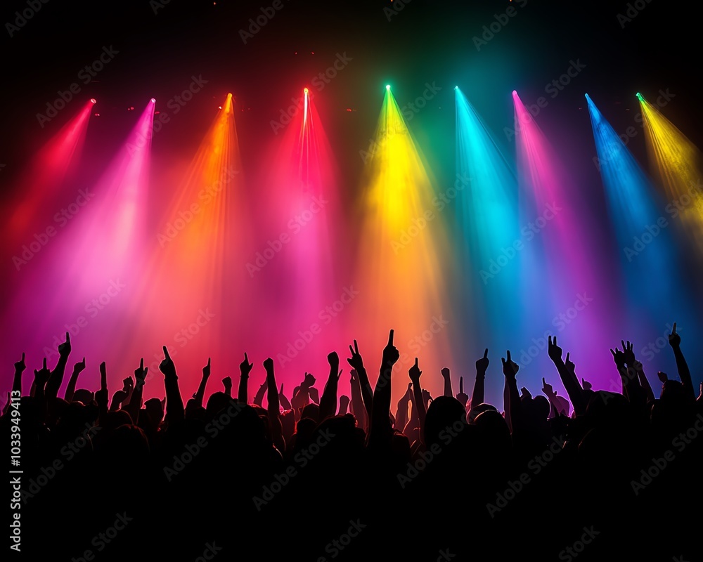 Dynamic silhouette of a concert audience, arms raised in excitement, illuminated by colorful stage lights, showcasing the thrill of a live performance Dynamic silhouette of a concert audience, arms raised in excitement, illuminated by colorful stage lights, showcasing the thrill of a live performance