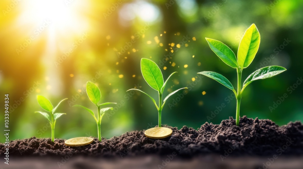 Growing Plants With Golden Coins In Soil Growing Plants With Golden Coins In Soil