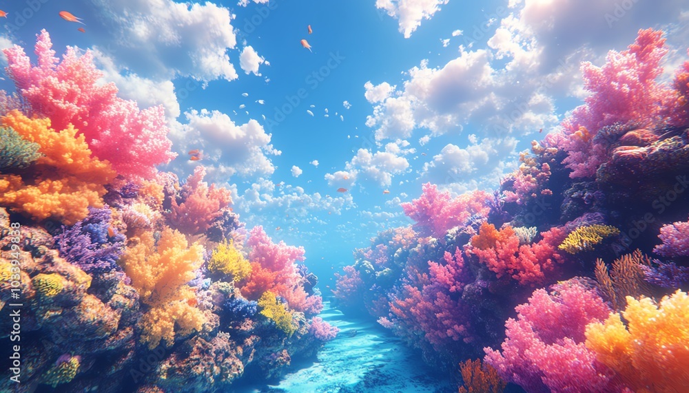 Fototapeta premium Idyllic underwater scene featuring a colorful reef ecosystem with diverse marine species, creating a calming atmosphere for stock imagery