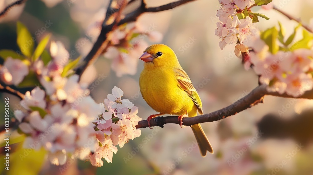 A charming finch perched on a flowering branch, showcasing its bright plumage A charming finch perched on a flowering branch, showcasing its bright plumage